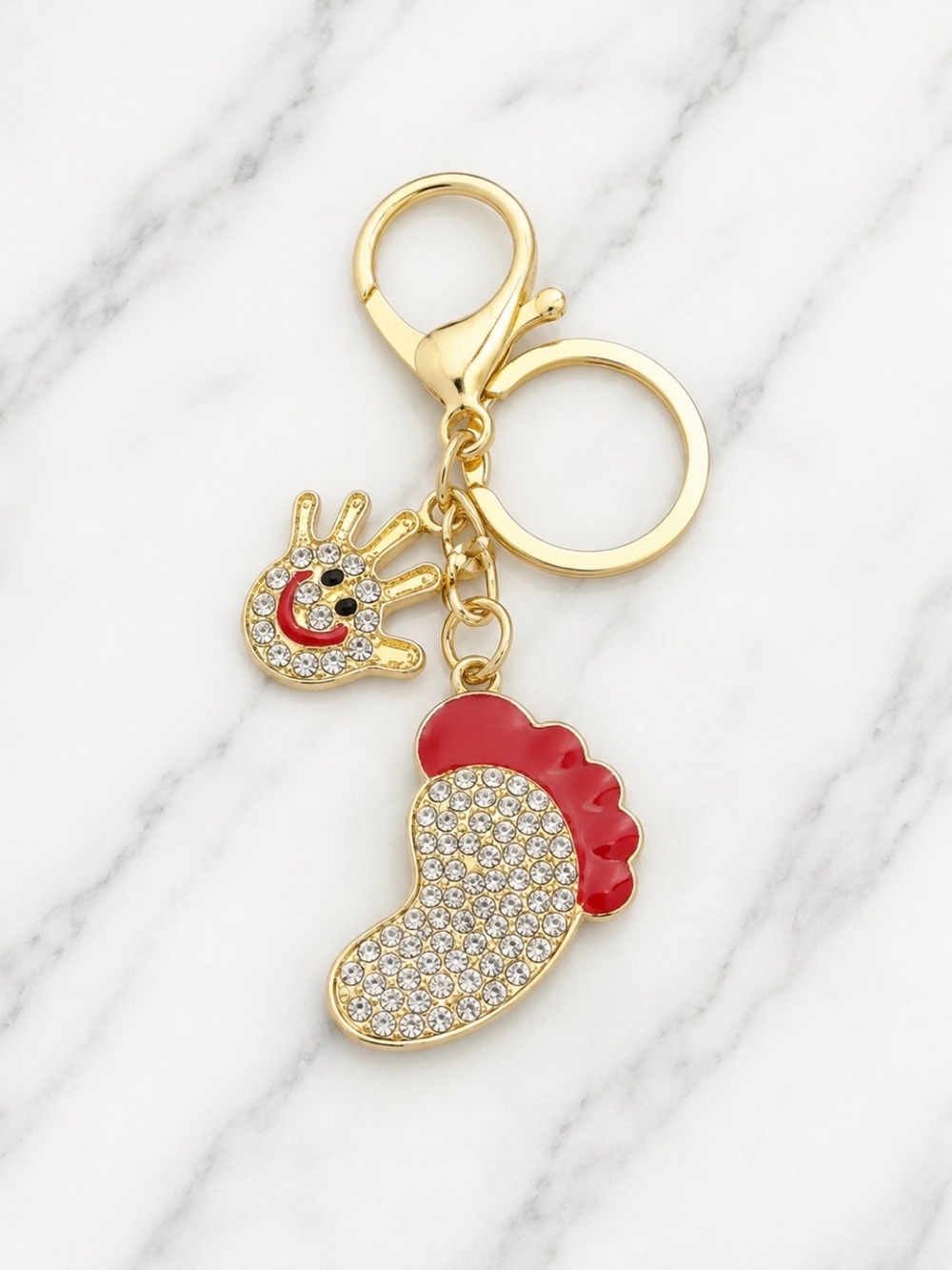 Gold-Tone Red Crystal Footprint & Hand Bag Charm/Keyring